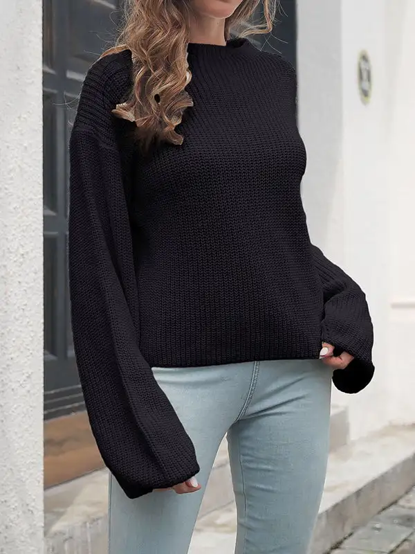 Openwork Paneled Round Neck Long Sleeve Relaxed Fit Sweater