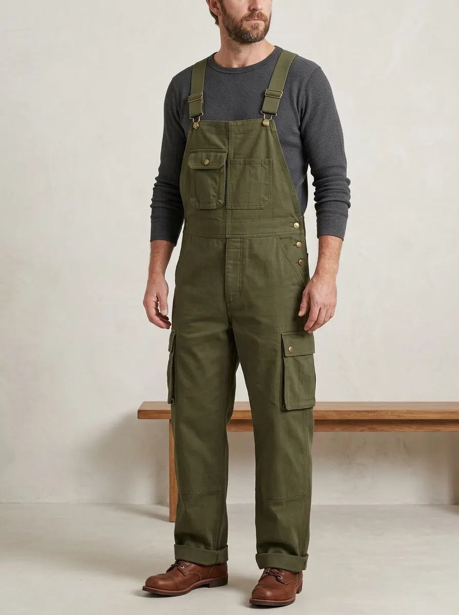 Men's Olive Green Cargo Utility Bib Overalls