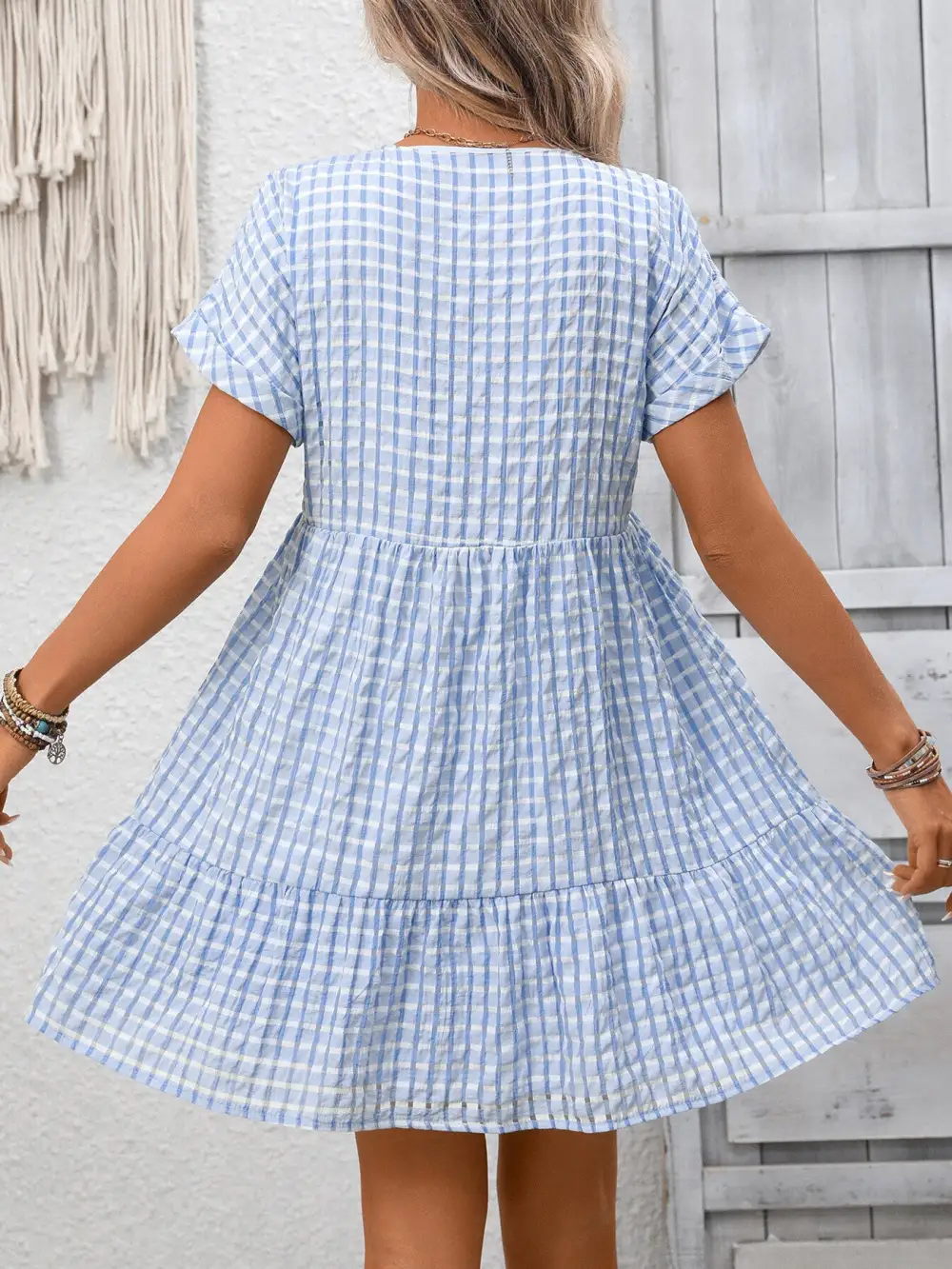 Plaid V Neck Ruffle Mini Dress