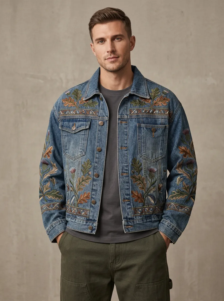 Men's Thistle Embroidered Floral Denim Jacket
