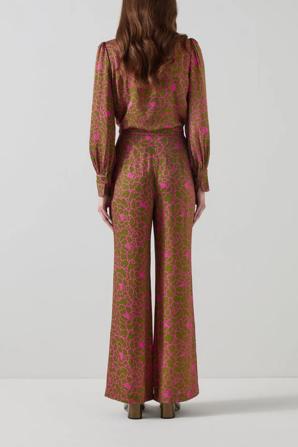 Brown Pink Patterned Flared Trousers