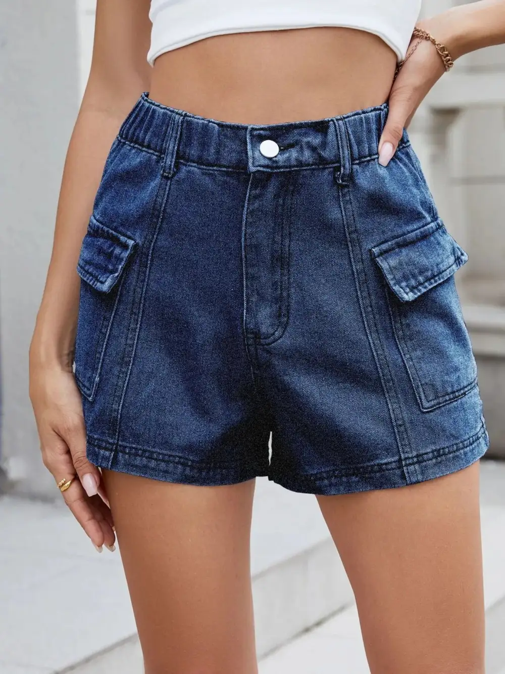 High-Waist Cargo Denim Shorts