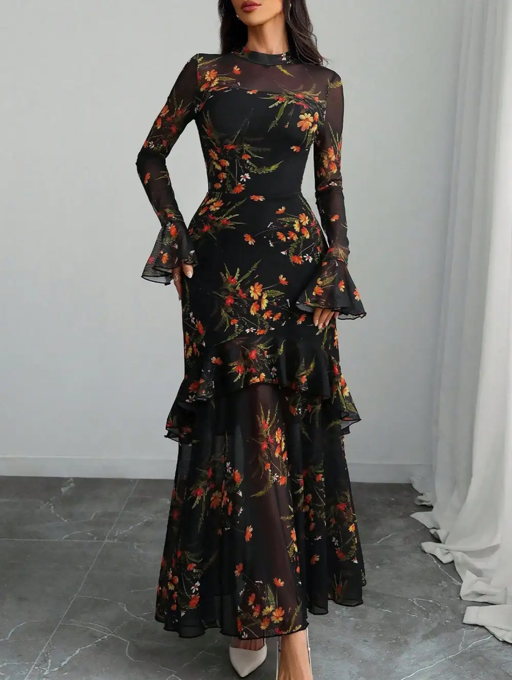 Dress With Lotus Leaf Sleeve And Floral Print