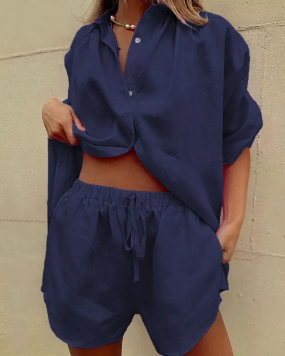 Casual V-Neck Shirt and Shorts Two-Piece Set