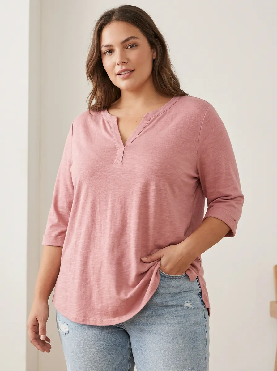 Women's Plus Size Casual Solid Pink V-neck Loose T-shirt