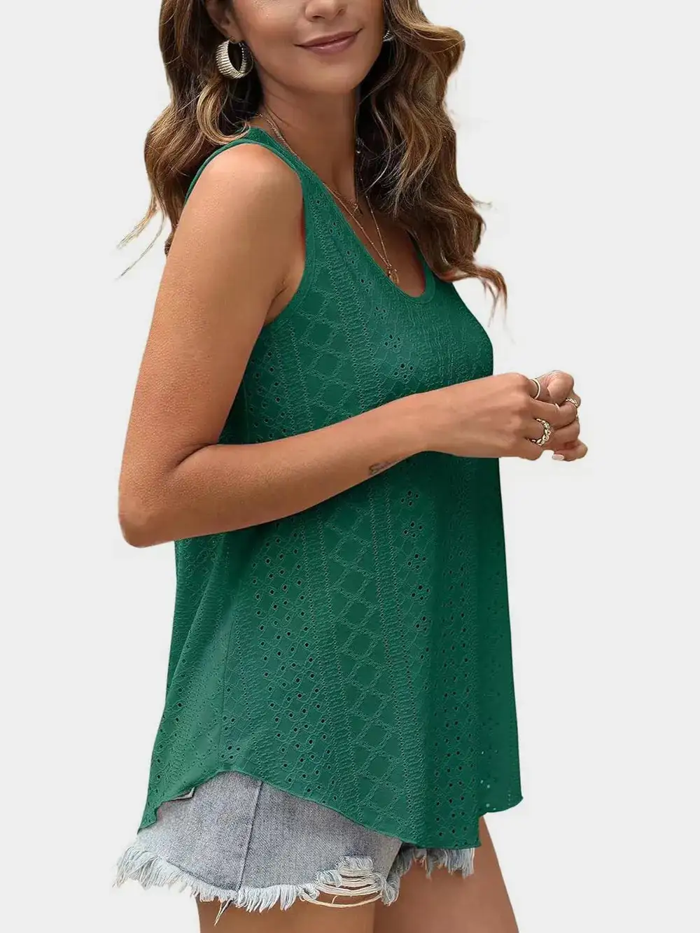 Eyelet Round Neck Tank With Sheer Detail