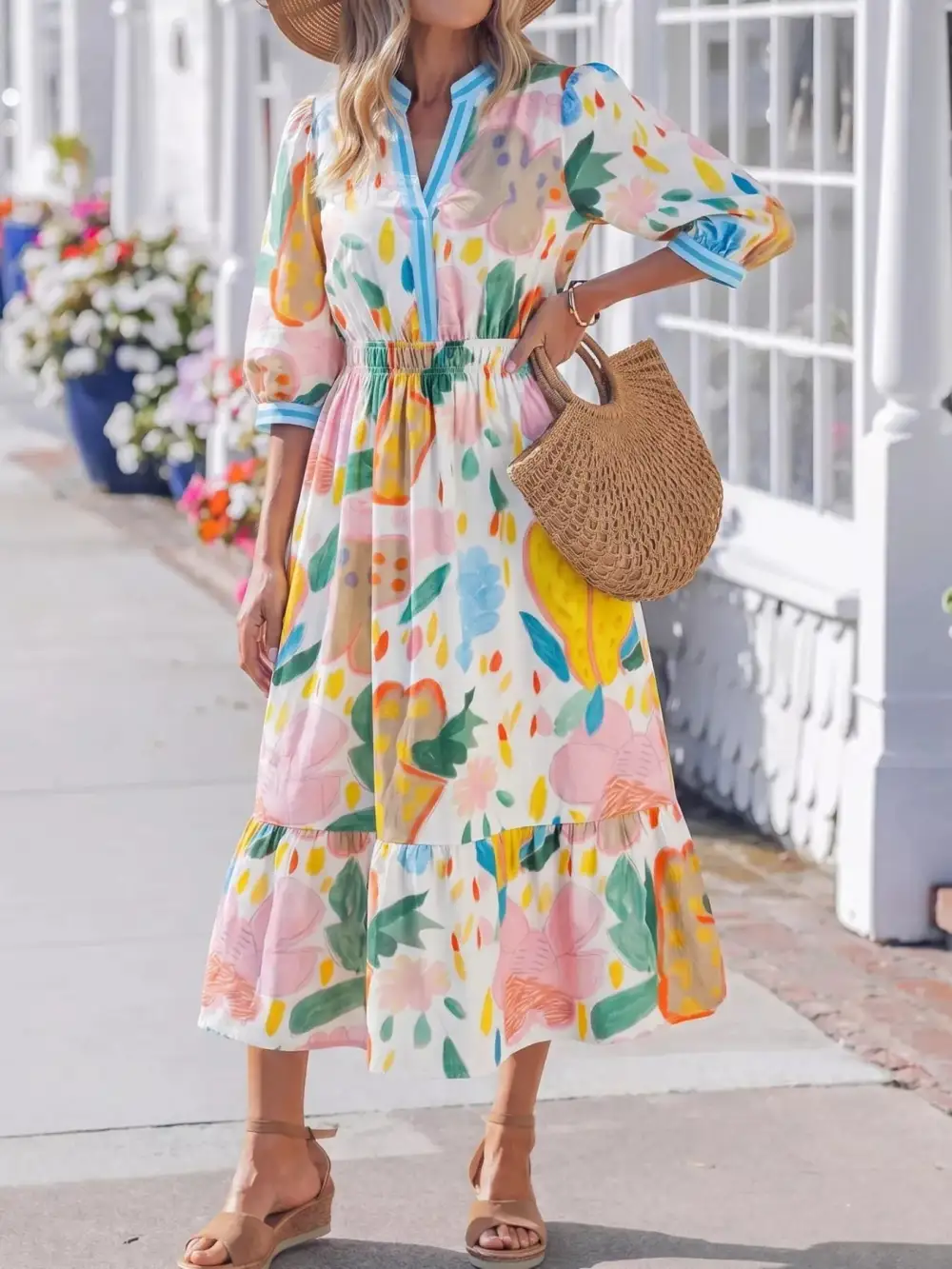 Polished Detail Floral Striped V Neck Midi Dress