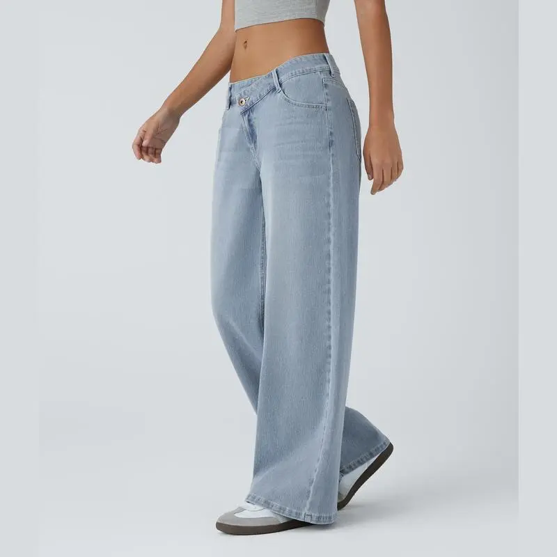 Asymmetric Low Rise Zipper Pockets Baggy Wide Leg Washed Casual Jeans