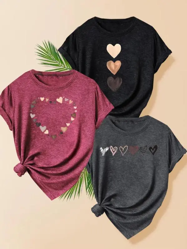 Women'S Heart Print Tee, Casual Short Sleeve T-Shirt For Daily Wear, Ladies Clothes For All Seasons, Graphic Tees, Women swear