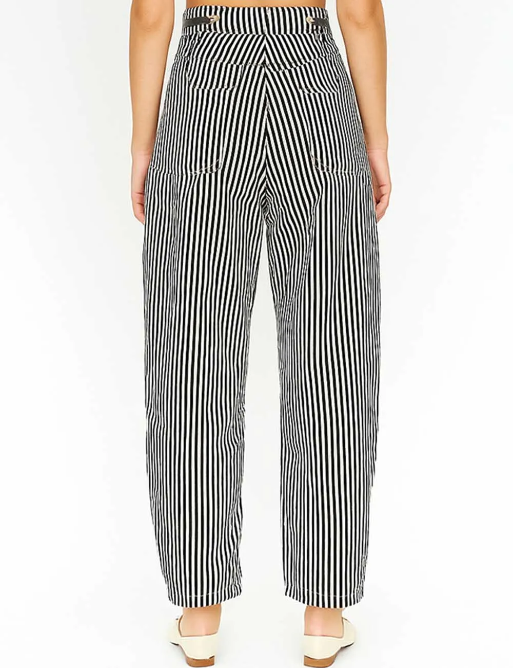 Striped Color Block Drawstring Barrel Denim Pants
