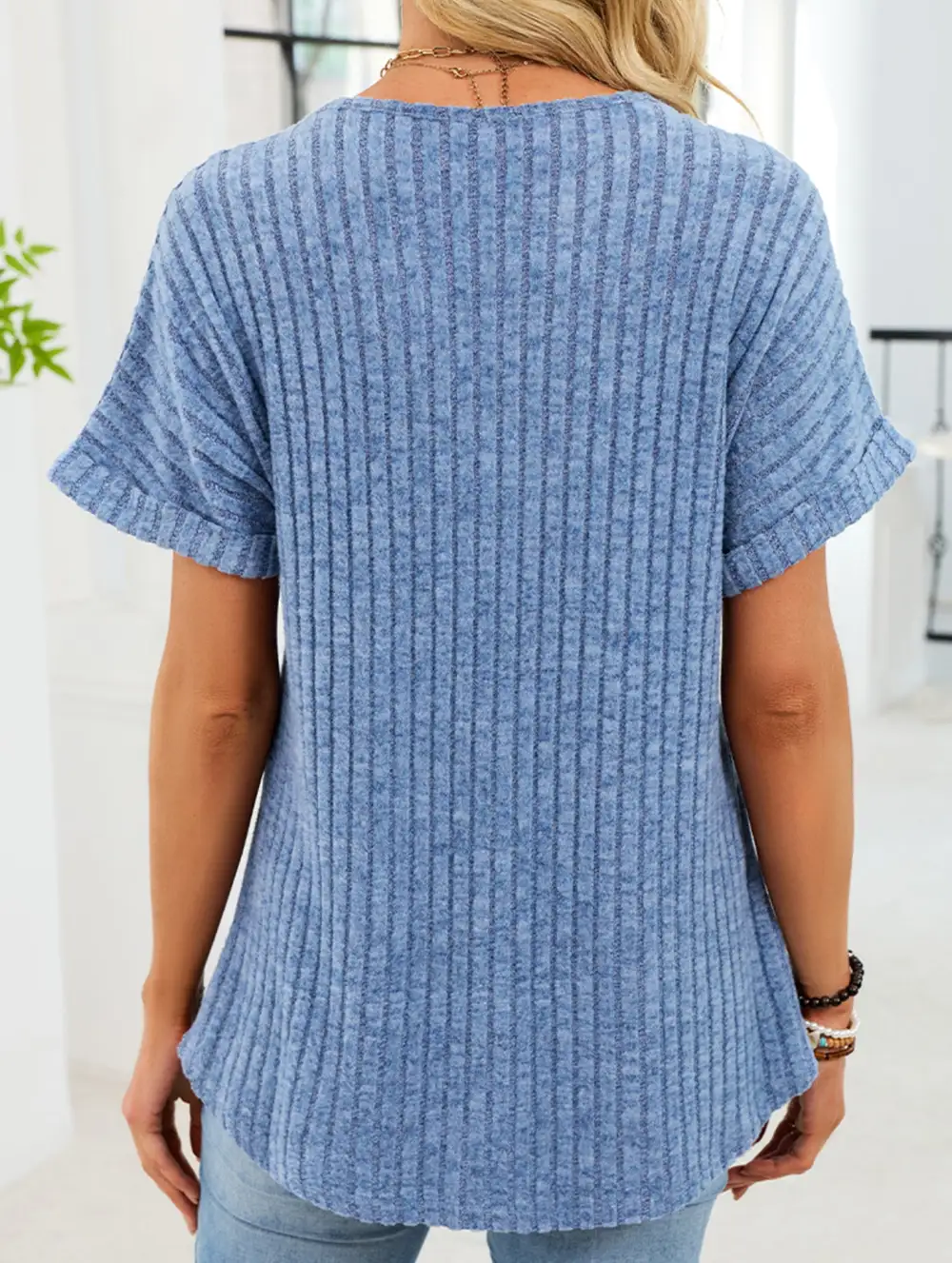 V Neck Button Front Loose Ribbed Tee