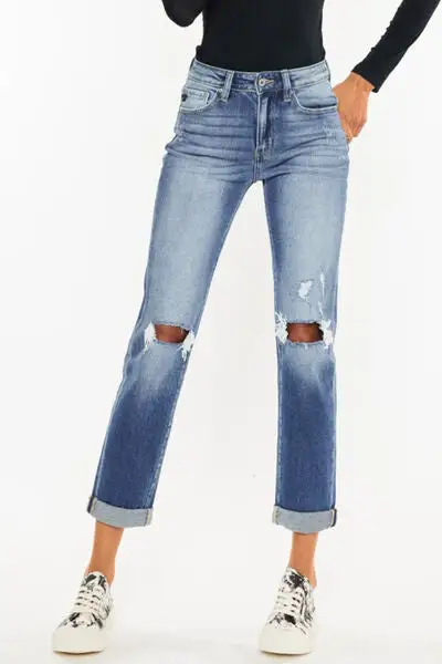 Versatile High Waist Straight Leg Distressed Denim Jeans
