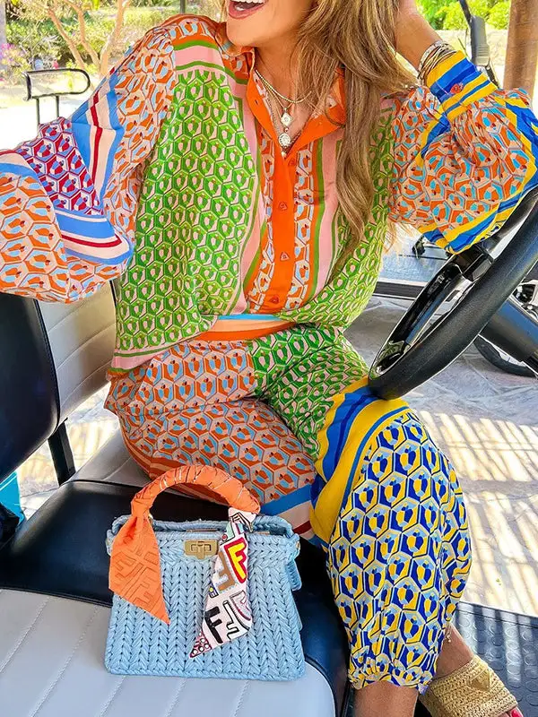 Long Sleeve Lapel Blouse And Pants Set