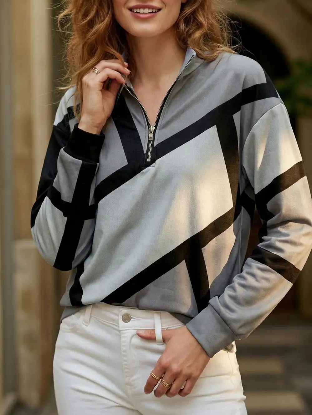 Panel Loose V Neck Sweatshirt