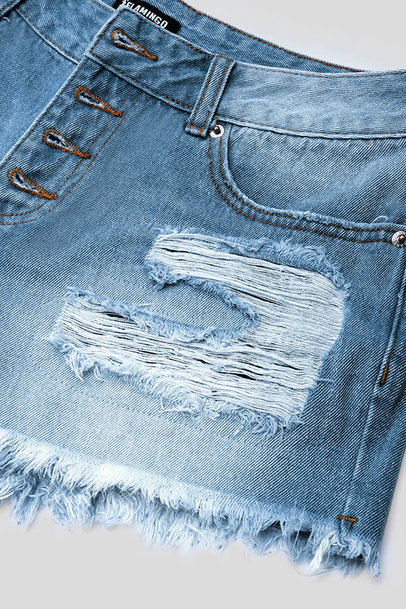 Button Fly Distressed Raw Hem Denim Shorts
