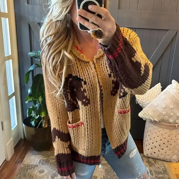 Western Geometric Horse Motif Zip Front Cardigan