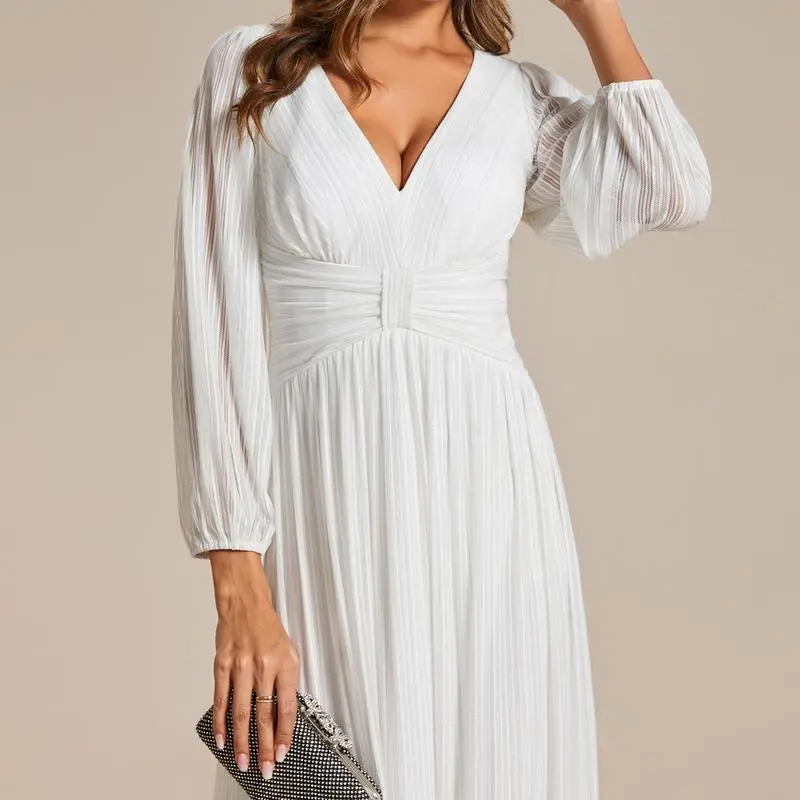 【EVER PRETTY 】curvy dress,Glittery Empire Waist A-Line Dress with Long Lantern Sleeves