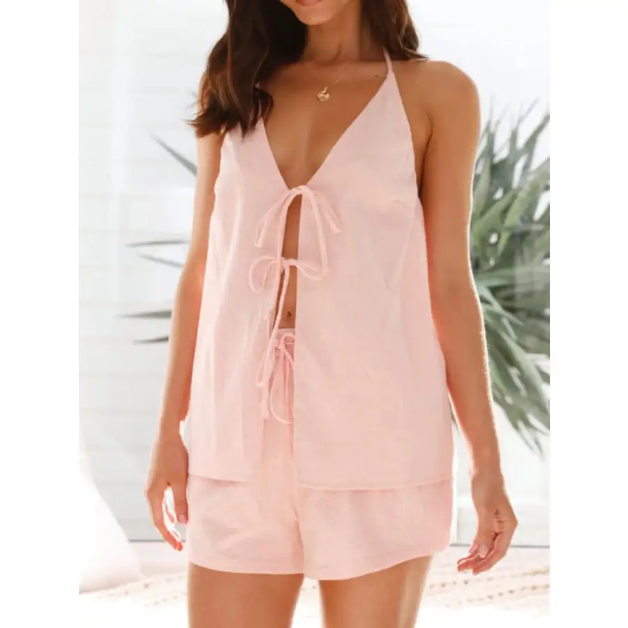 Tied Front Halter Neck Top and Shorts Set