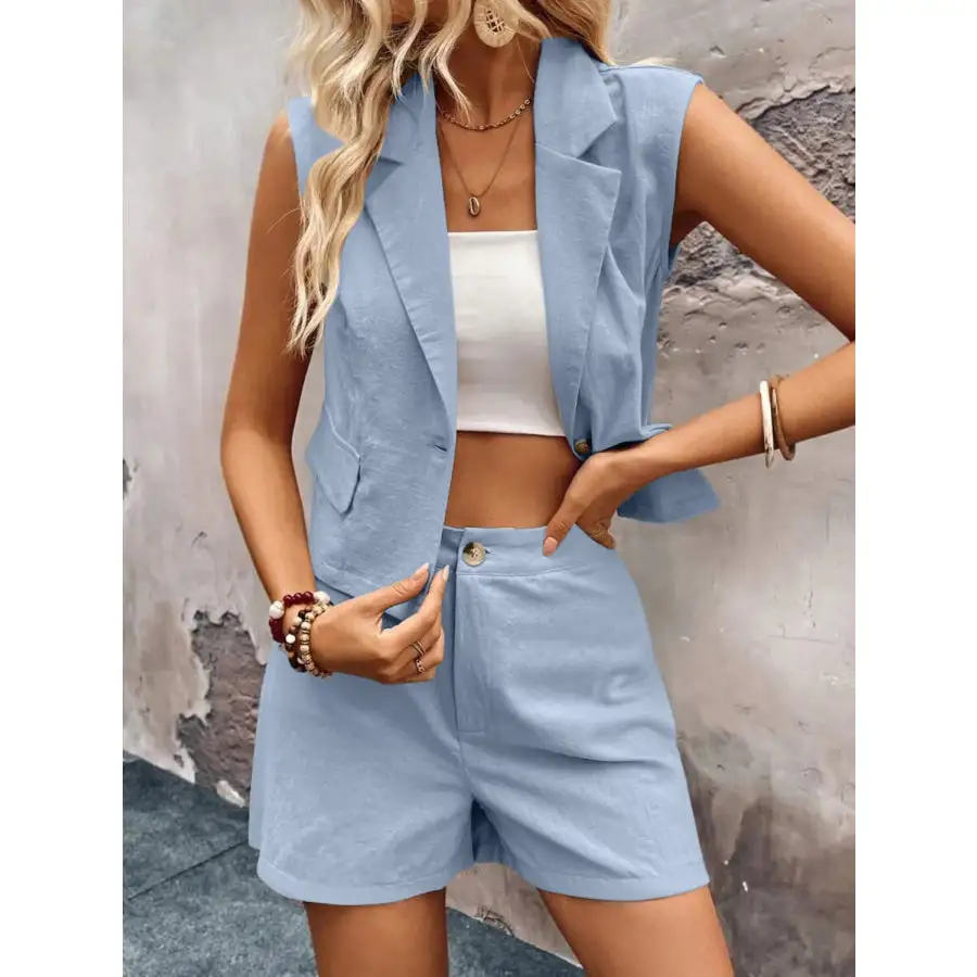 One Button Sleeveless Top and Shorts Set