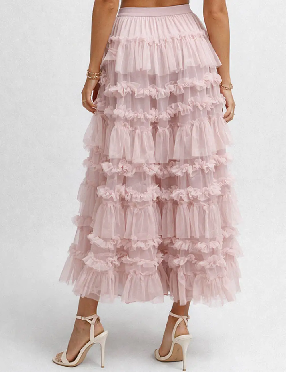 Elastic Waist Mesh Bead Tiered Ruffle Maxi Skirt