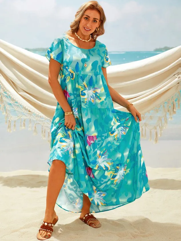 Plus Size Floral Print Short Sleeve Casual Maxi Dress