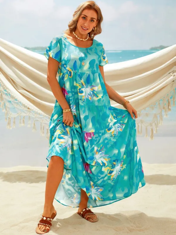 Plus Size Floral Print Short Sleeve Casual Maxi Dress