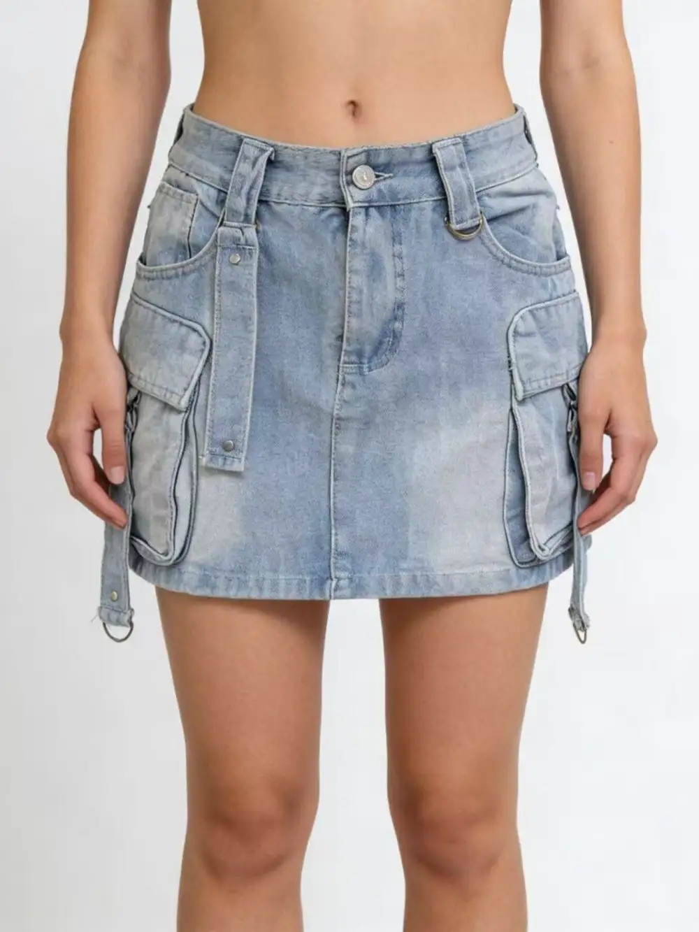 Washed Cargo Denim Skirt