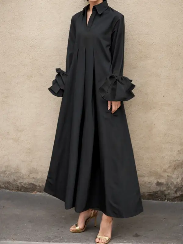 Flared Pleated Shirt Maxi Dress