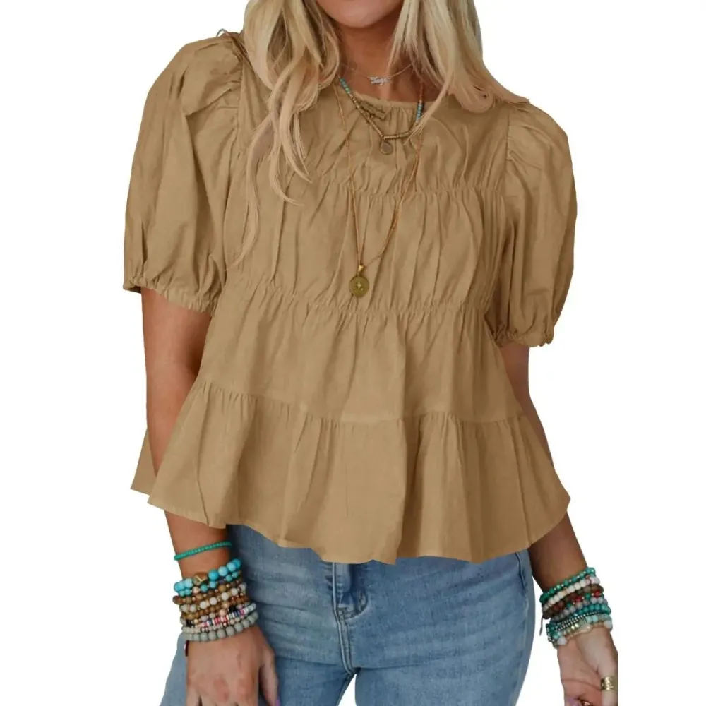 Womens Puff Sleeve Peplum Babydoll Tops