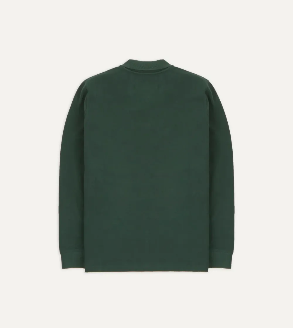 Green Pique Cotton Long-Sleeve Polo Shirt Plain