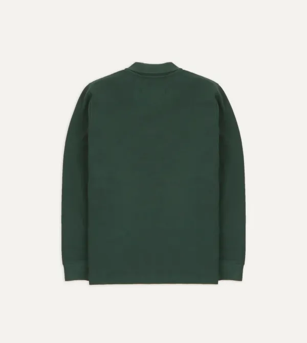 Green Pique Cotton Long-Sleeve Polo Shirt Plain