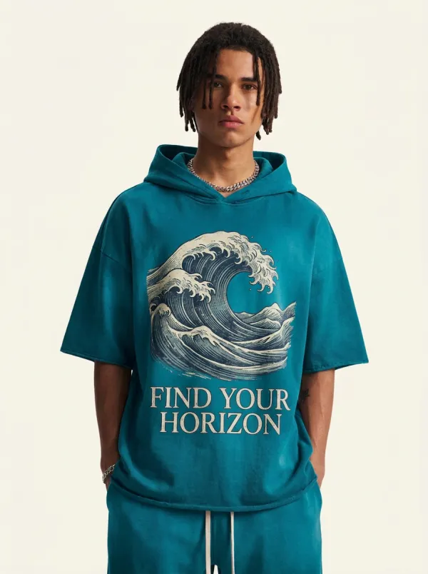 Men's Ocean Wave Find Your Horizon Printed Hooded T-shirt