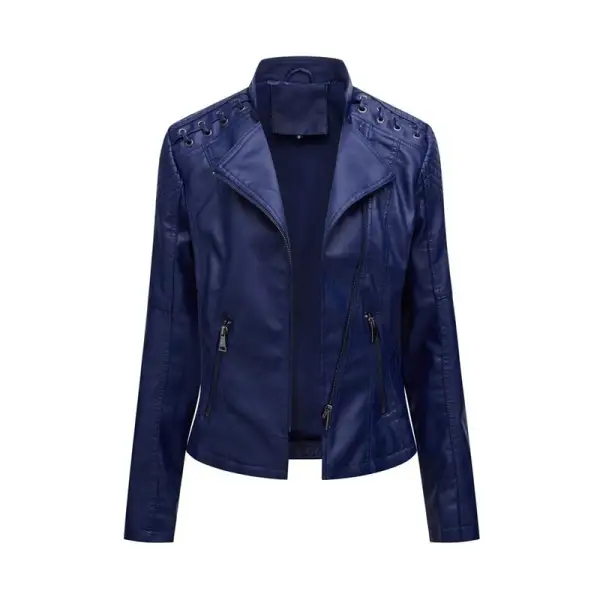 Lapel Faux-Leather Leather Casual Outerwear Jacket