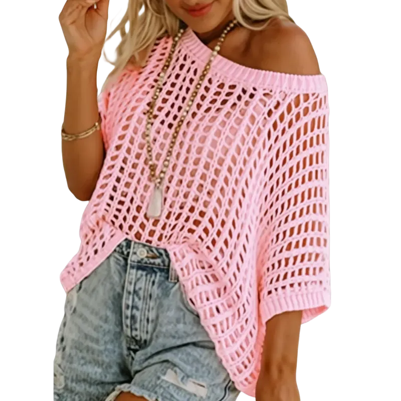 Women's Summer Scoop Neck Short Sleeve Sweater Casual Crochet Hollow Out Knit Tops Pullover Shirts Beach Coverup