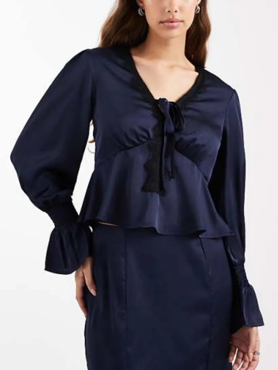 Lace Trim Satin Blouse