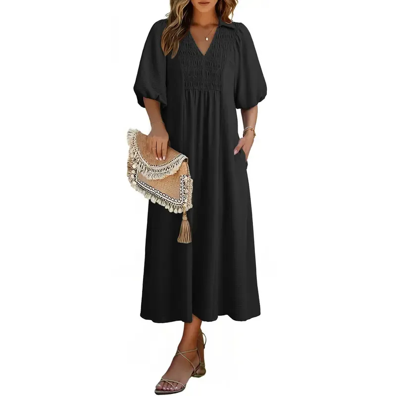 Casual V-neck puff-sleeve high-waist A-line long summer dress