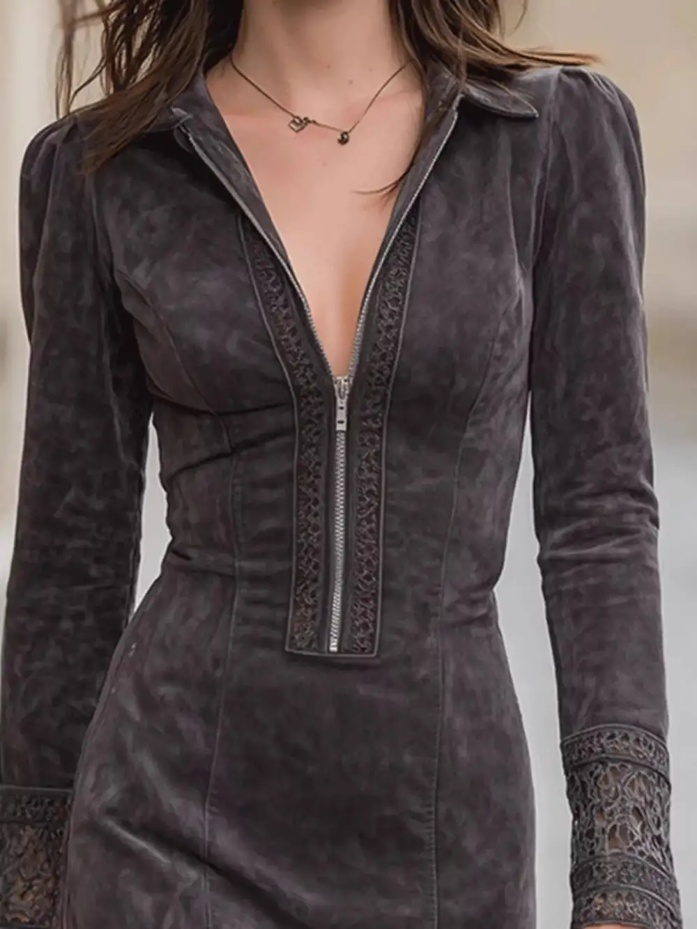 Lace Zip Front Mini Dress