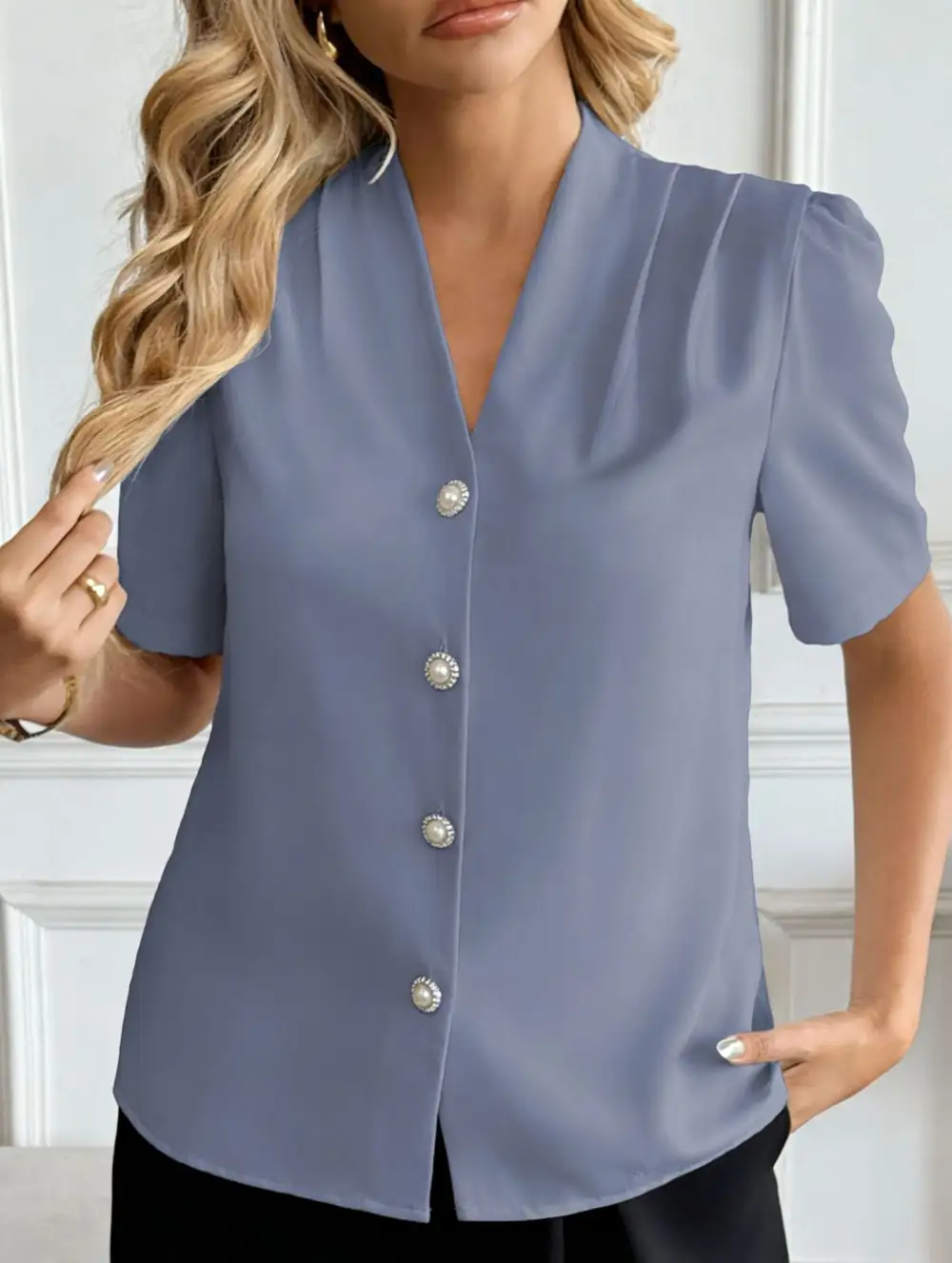 V Neck Button Short Sleeve Shirt