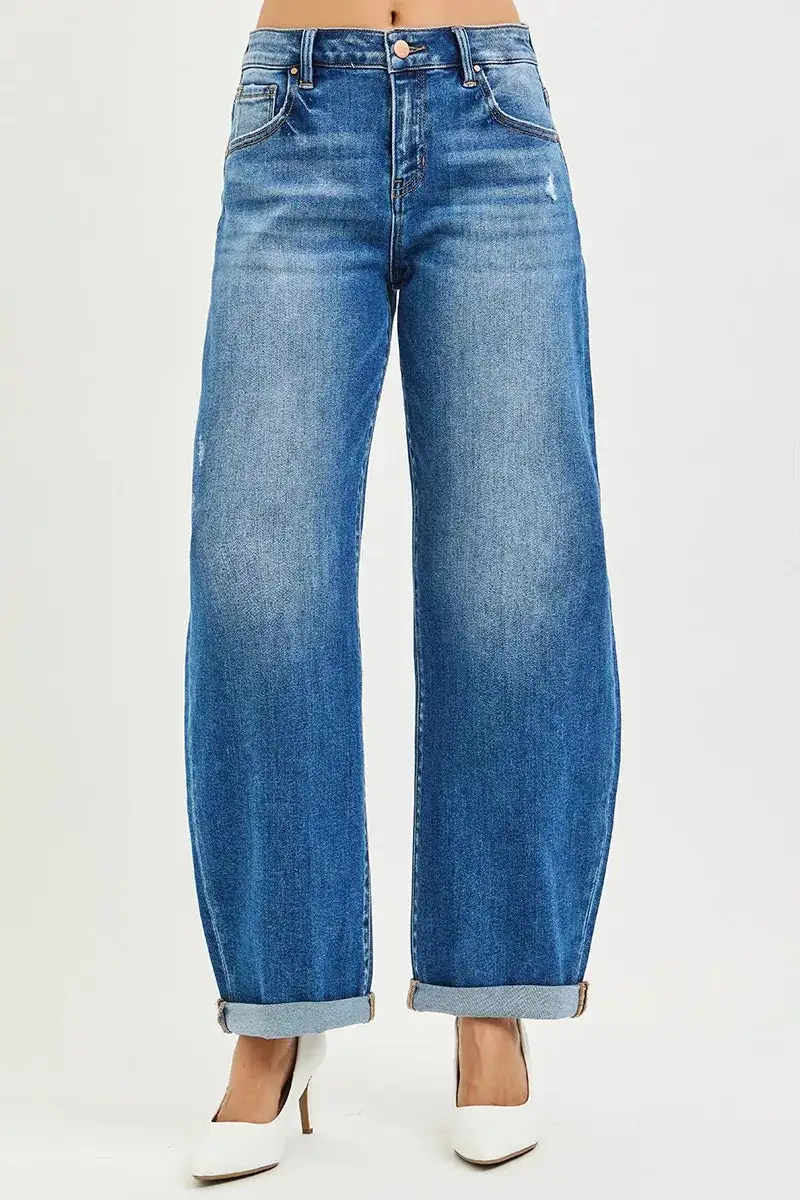 Clean Mid Rise Barrel Leg Denim Jeans