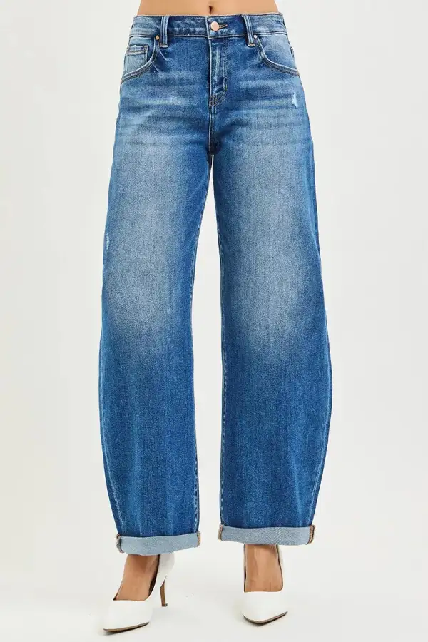 Clean Mid Rise Barrel Leg Denim Jeans