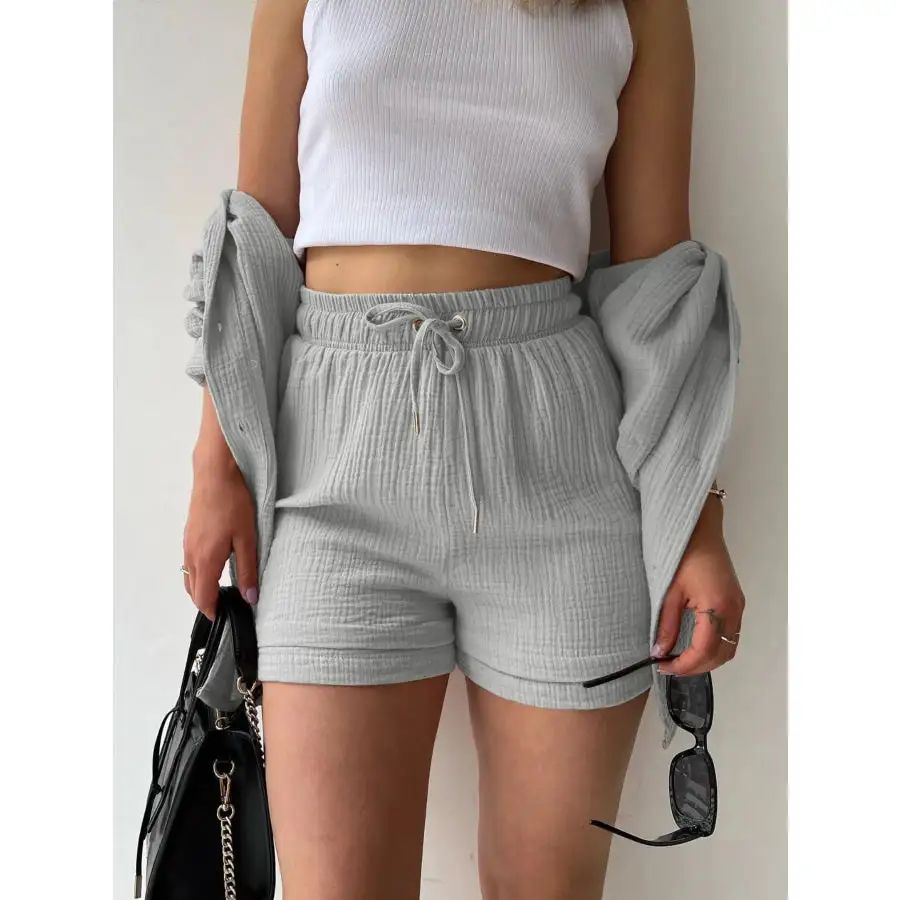 Textured Button Up Shirt and Shorts Set