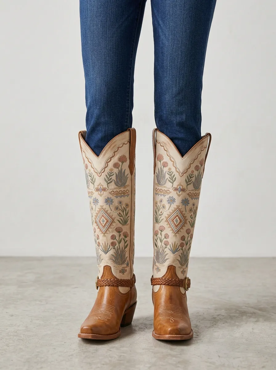 Women's Western Floral Geometric Embroidered Braided Block-Heel Stacked-Heel Denim Over-the-Knee Boots