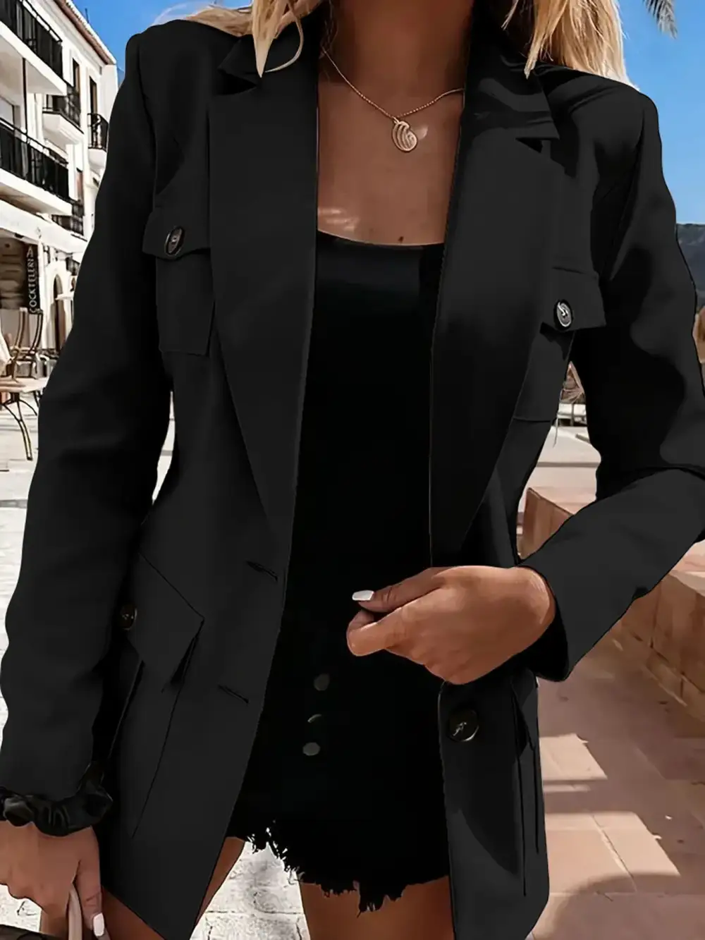 Refined Double-Breasted Lapel-Collar Long-Sleeve Blazer