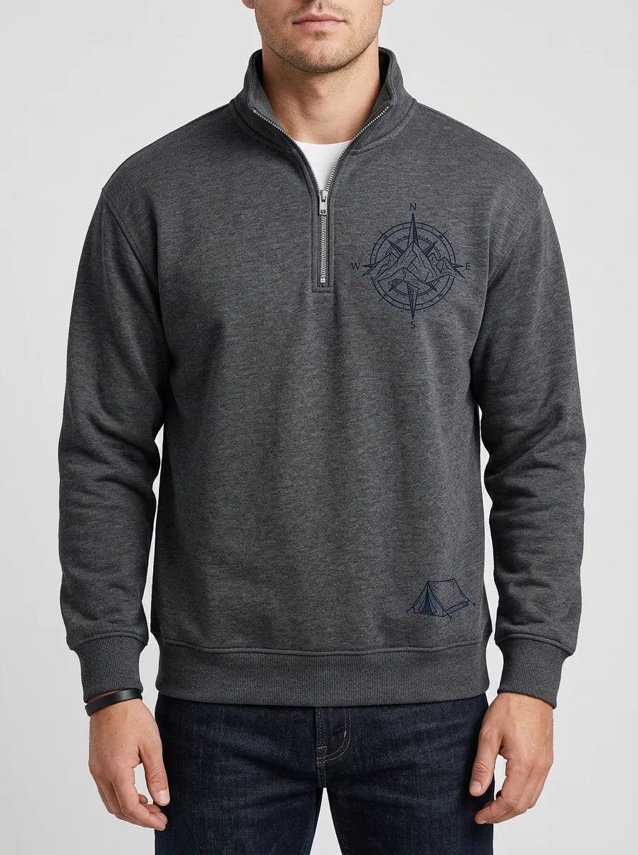 Men's Camping Hiking Lover Compass Mountain Graphic Quarter-Zip-Neck Sweatshirt