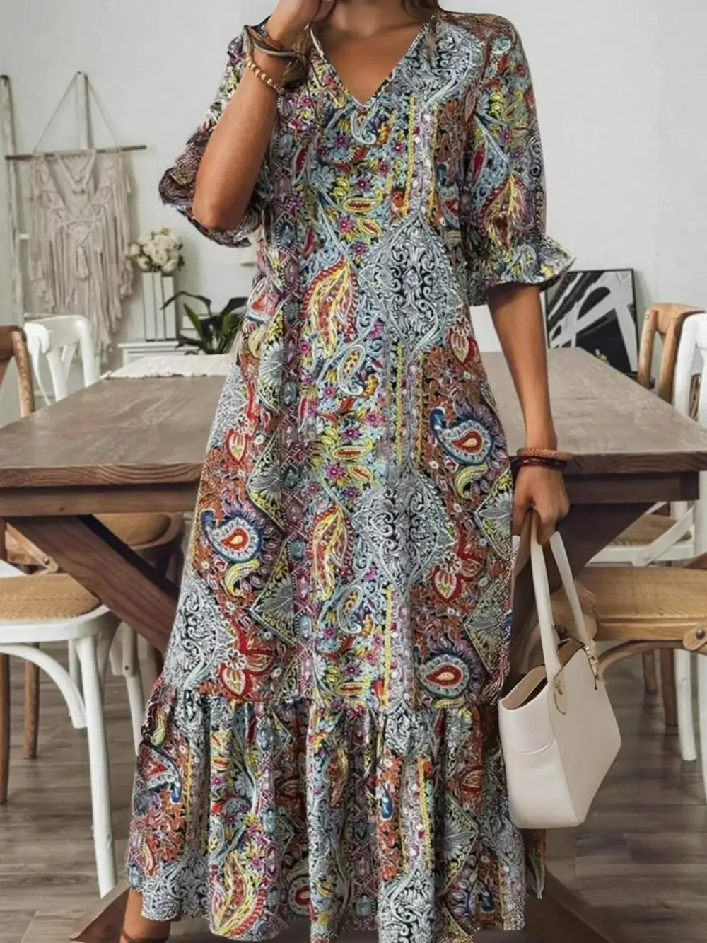 Paisley Print V Neck Midi Dress