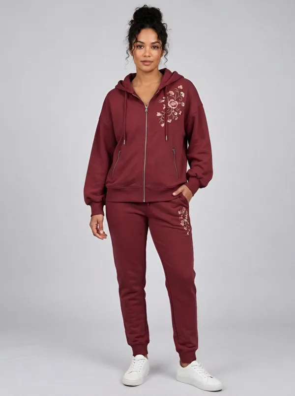 Women's Dusty Rose Tapered Joggers Zip-Up Hoodie Jacket & Jogger Set