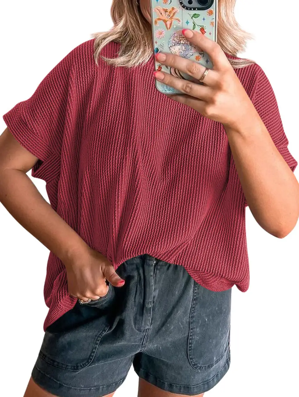 Ribbed Knit Crew Neck Tee