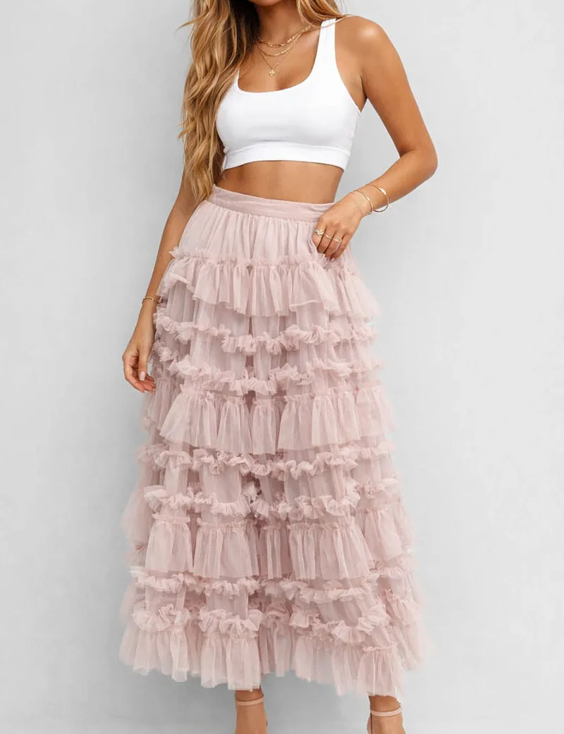 Elastic Waist Mesh Bead Tiered Ruffle Maxi Skirt
