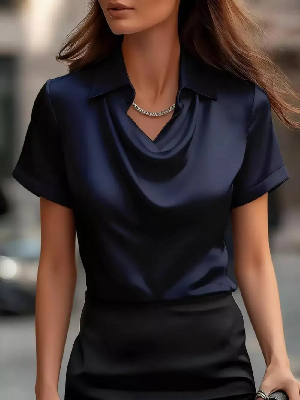 Cowl Neck Short Sleeve Satin Blouse Plus