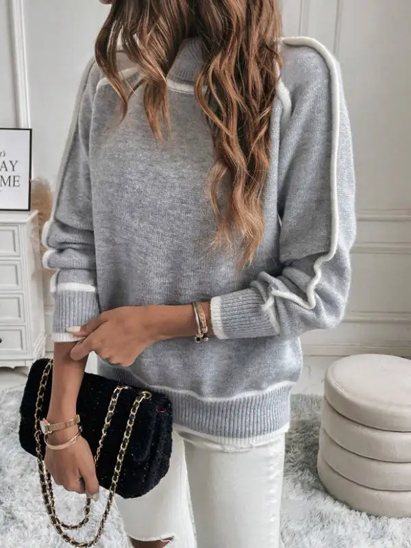 Paneled High Neck Long Sleeve Relaxed Fit Sweater